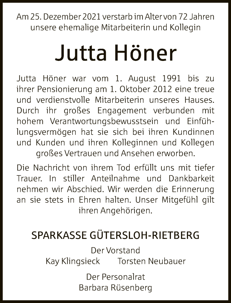  Traueranzeige für Jutta Höner vom 07.01.2022 aus Neue Westfälische