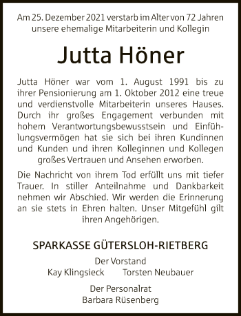 Traueranzeige von Jutta Höner von Neue Westfälische