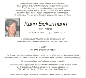 Traueranzeige von Karin Eickermann von Neue Westfälische