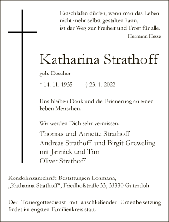 Traueranzeige von Katharina Strathoff von Neue Westfälische