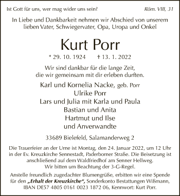 Traueranzeige von Kurt Porr von Neue Westfälische