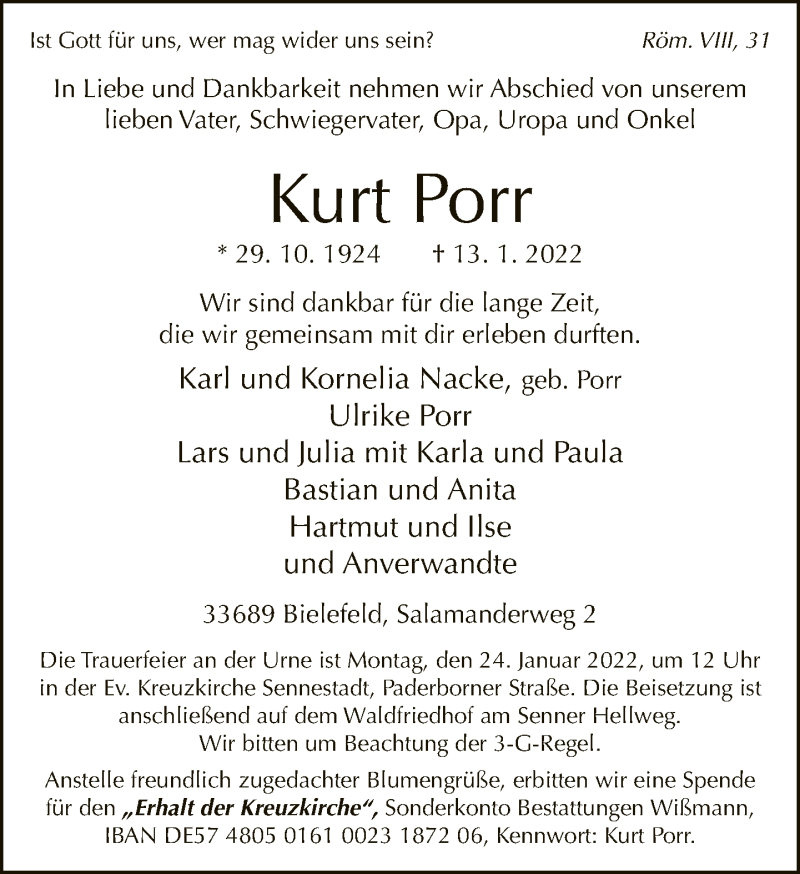  Traueranzeige für Kurt Porr vom 19.01.2022 aus Neue Westfälische