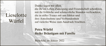 Traueranzeige von Lieselotte Würfel von Neue Westfälische