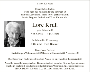 Traueranzeige von Lore Krull von Neue Westfälische