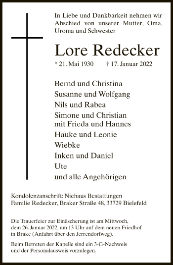 Traueranzeige von Lore Redecker von Neue Westfälische