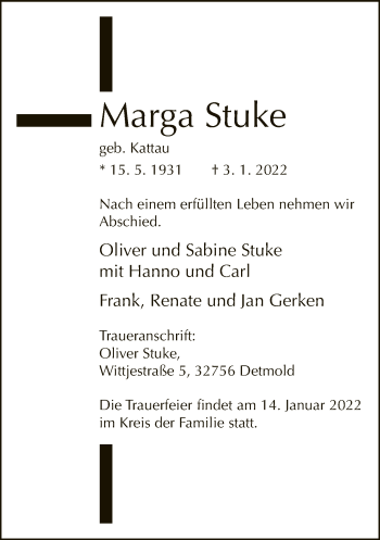 Traueranzeige von Marga Stuke von Neue Westfälische