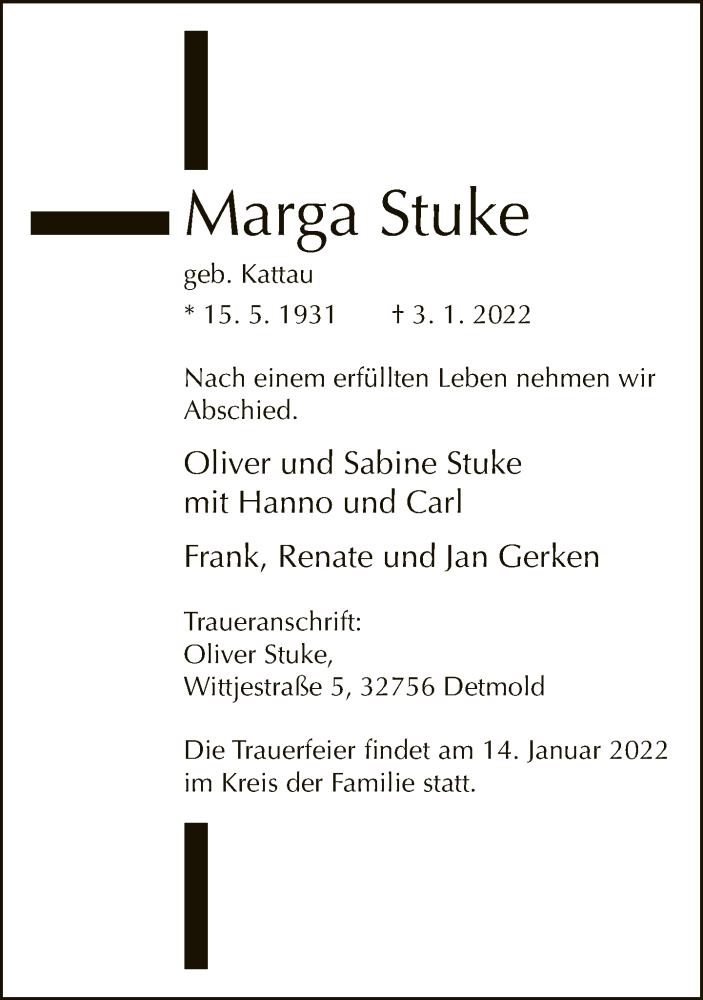  Traueranzeige für Marga Stuke vom 11.01.2022 aus Neue Westfälische