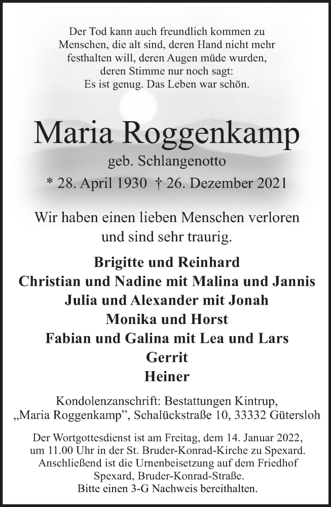  Traueranzeige für Maria Roggenkamp vom 06.01.2022 aus Neue Westfälische