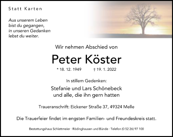 Traueranzeige von Peter Köster von Neue Westfälische