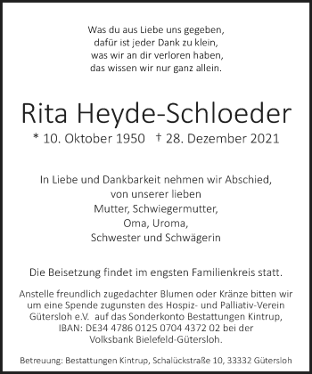 Traueranzeige von Rita Heyde-Schloeder von Neue Westfälische