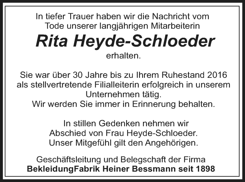  Traueranzeige für Rita Heyde-Schloeder vom 12.01.2022 aus Neue Westfälische