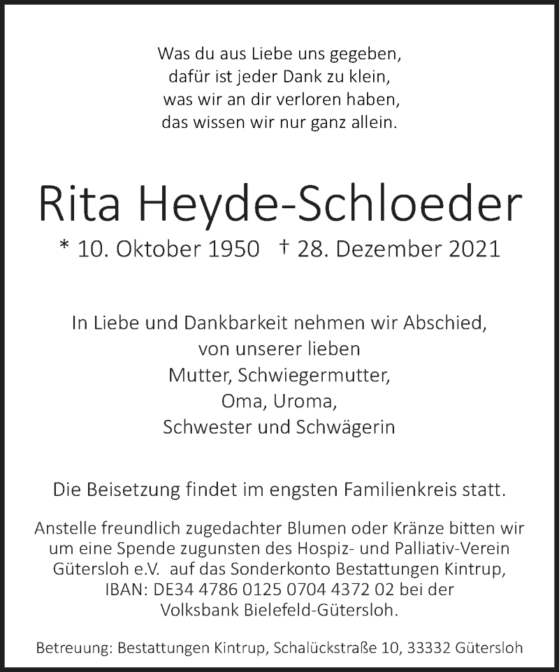  Traueranzeige für Rita Heyde-Schloeder vom 11.01.2022 aus Neue Westfälische