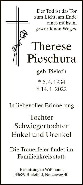 Traueranzeige von Therese Pieschura von Neue Westfälische