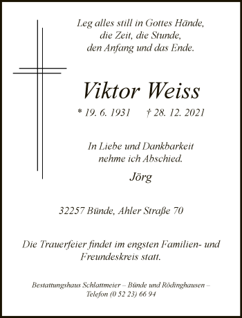 Traueranzeige von Viktor Weiss von Neue Westfälische