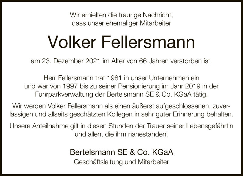  Traueranzeige für Volker Fellersmann vom 08.01.2022 aus Neue Westfälische