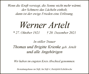Traueranzeige von Werner Artelt von Neue Westfälische