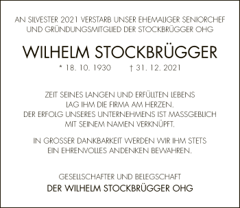 Traueranzeige von Wilhelm Stockbrügger von Neue Westfälische