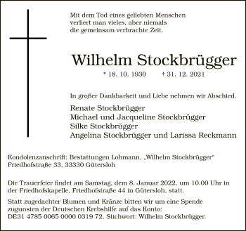 Traueranzeige von Wilhelm Stockbrügger von Neue Westfälische