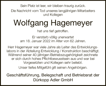 Traueranzeige von Wolfgang Hagemeyer von Neue Westfälische