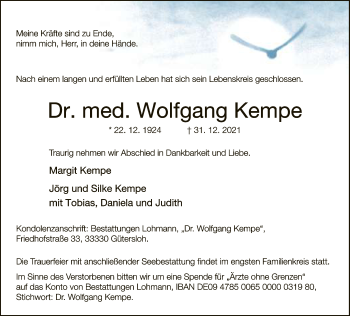 Traueranzeige von Wolfgang Kempe von Neue Westfälische
