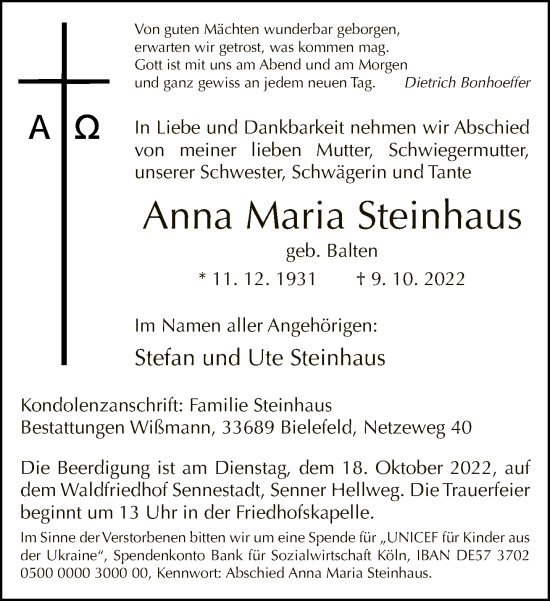 Traueranzeige von Anna Maria Steinhaus von Neue Westfälische