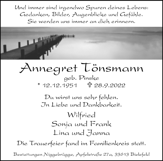 Traueranzeige von Anneget Tönsmann von Neue Westfälische