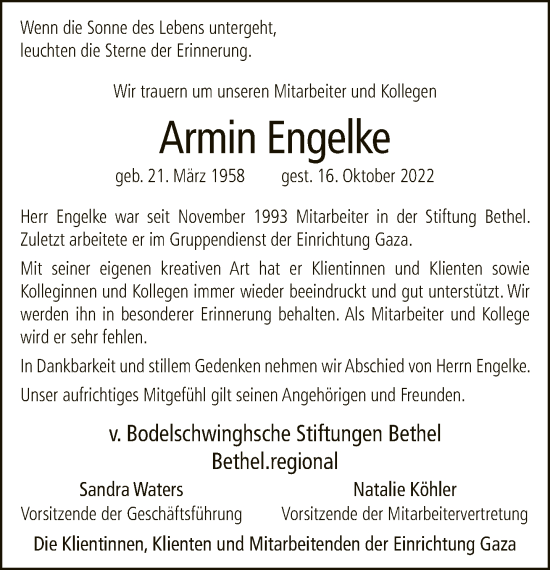 Traueranzeige von Armin Engelke von Neue Westfälische