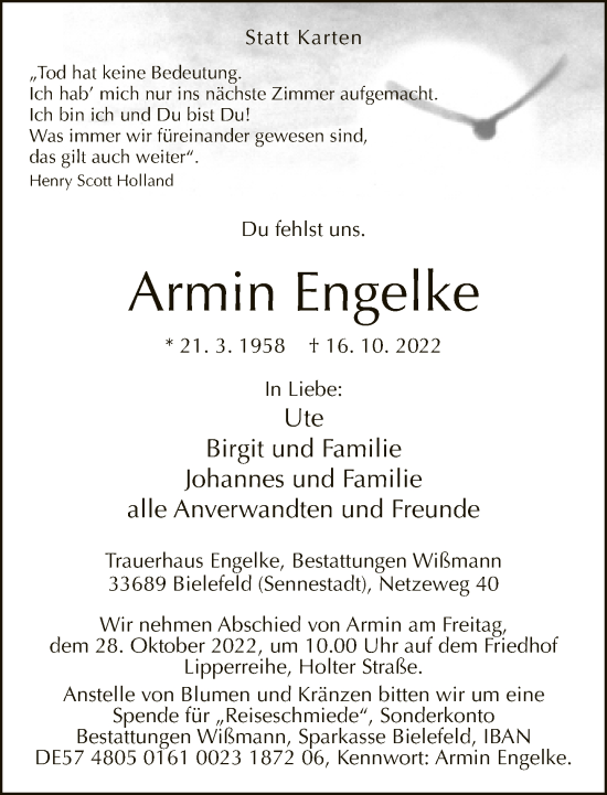 Traueranzeige von Armin Engelke von Neue Westfälische