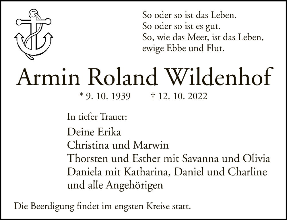  Traueranzeige für Armin Roland Wildenhof vom 15.10.2022 aus Neue Westfälische