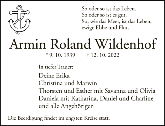 Traueranzeige von Armin Roland Wildenhof von Neue Westfälische