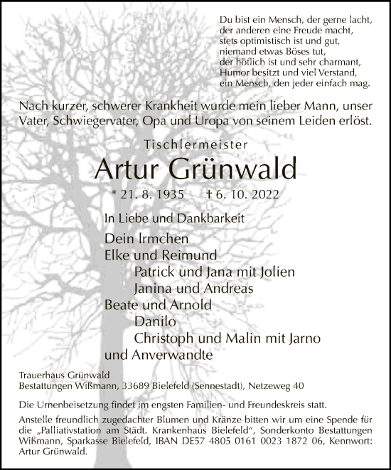 Traueranzeige von Artur Grünwald von Neue Westfälische