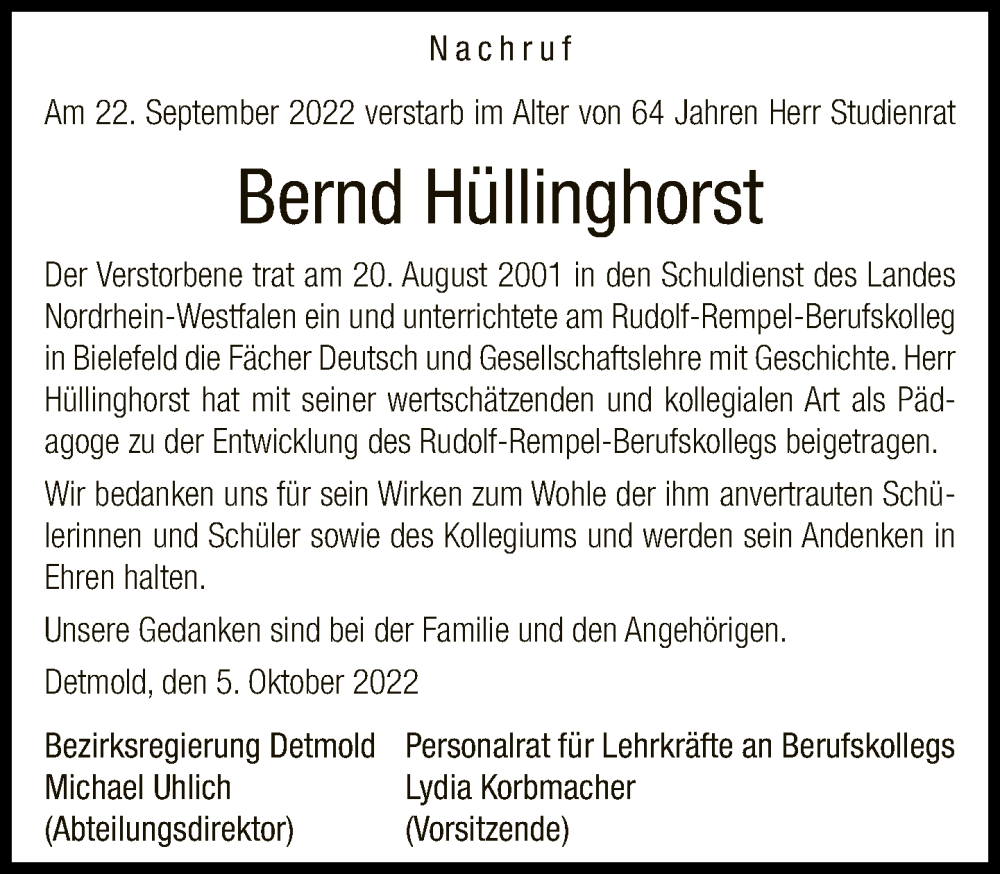  Traueranzeige für Bernd Hüllinghorst vom 21.10.2022 aus Neue Westfälische