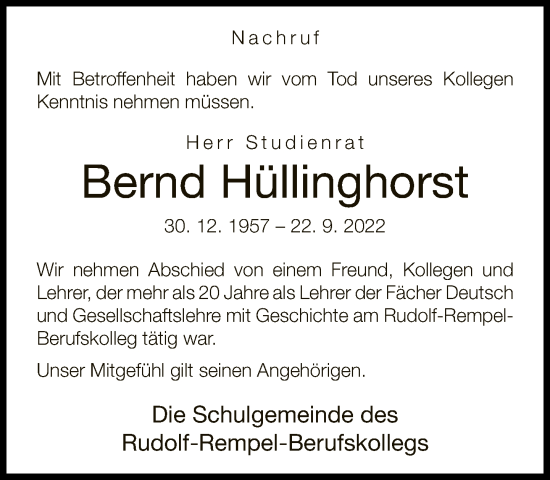 Traueranzeige von Bernd Hüllinghorst von Neue Westfälische