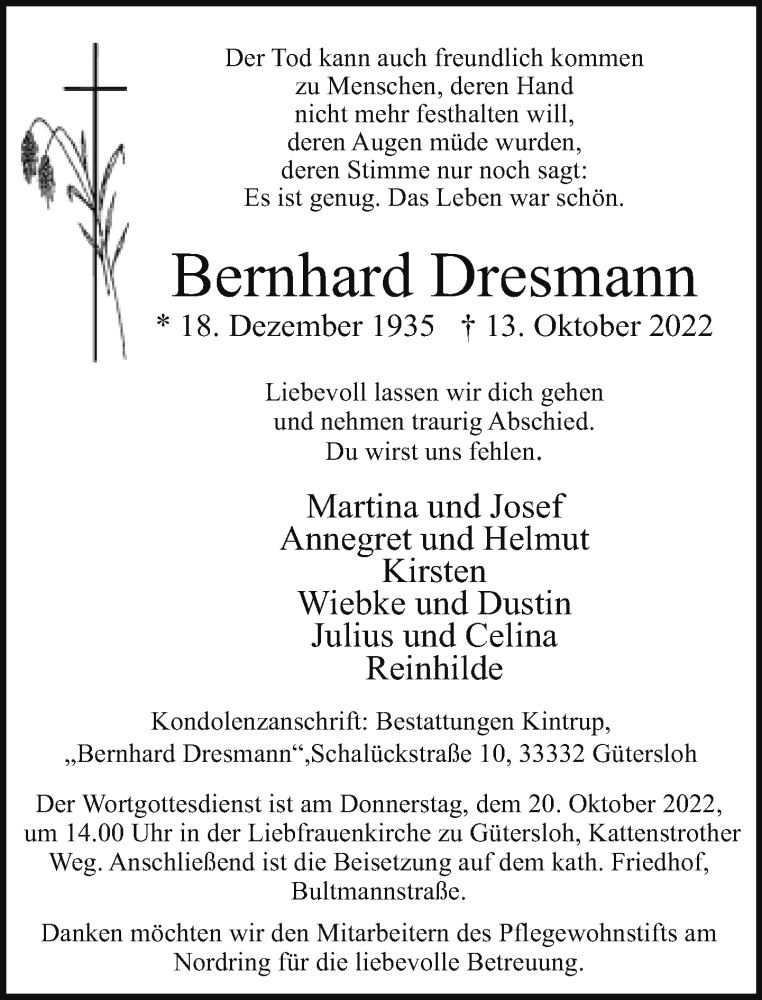  Traueranzeige für Bernhard Dresmann vom 15.10.2022 aus Neue Westfälische