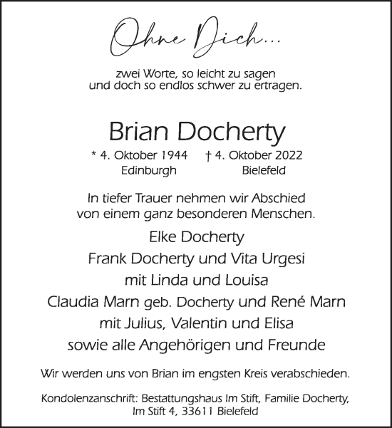 Traueranzeige von Brian Docherty von Neue Westfälische