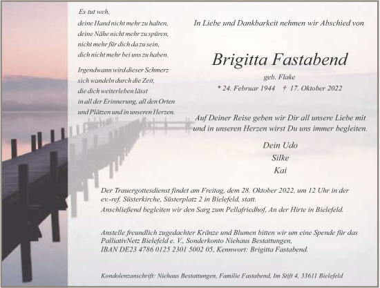 Traueranzeige von Brigitta Fastabend von Neue Westfälische