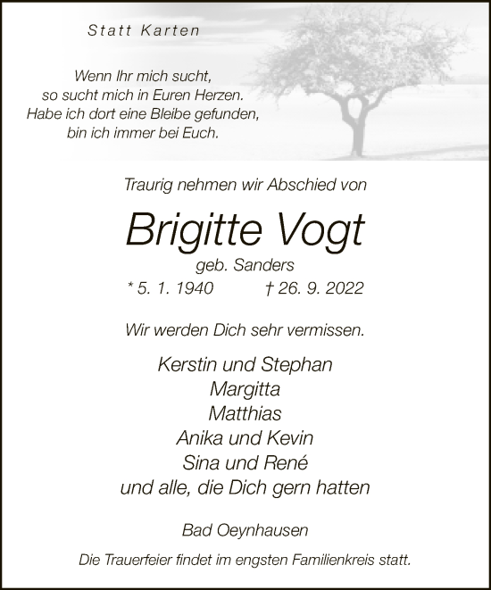 Traueranzeige von Brigitte Vogt von Neue Westfälische