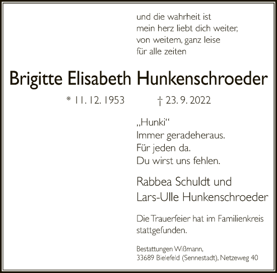 Traueranzeige von Brigitte Elisabeth Hunkenschroeder von Neue Westfälische