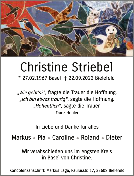 Traueranzeige von Christine Striebel von Neue Westfälische