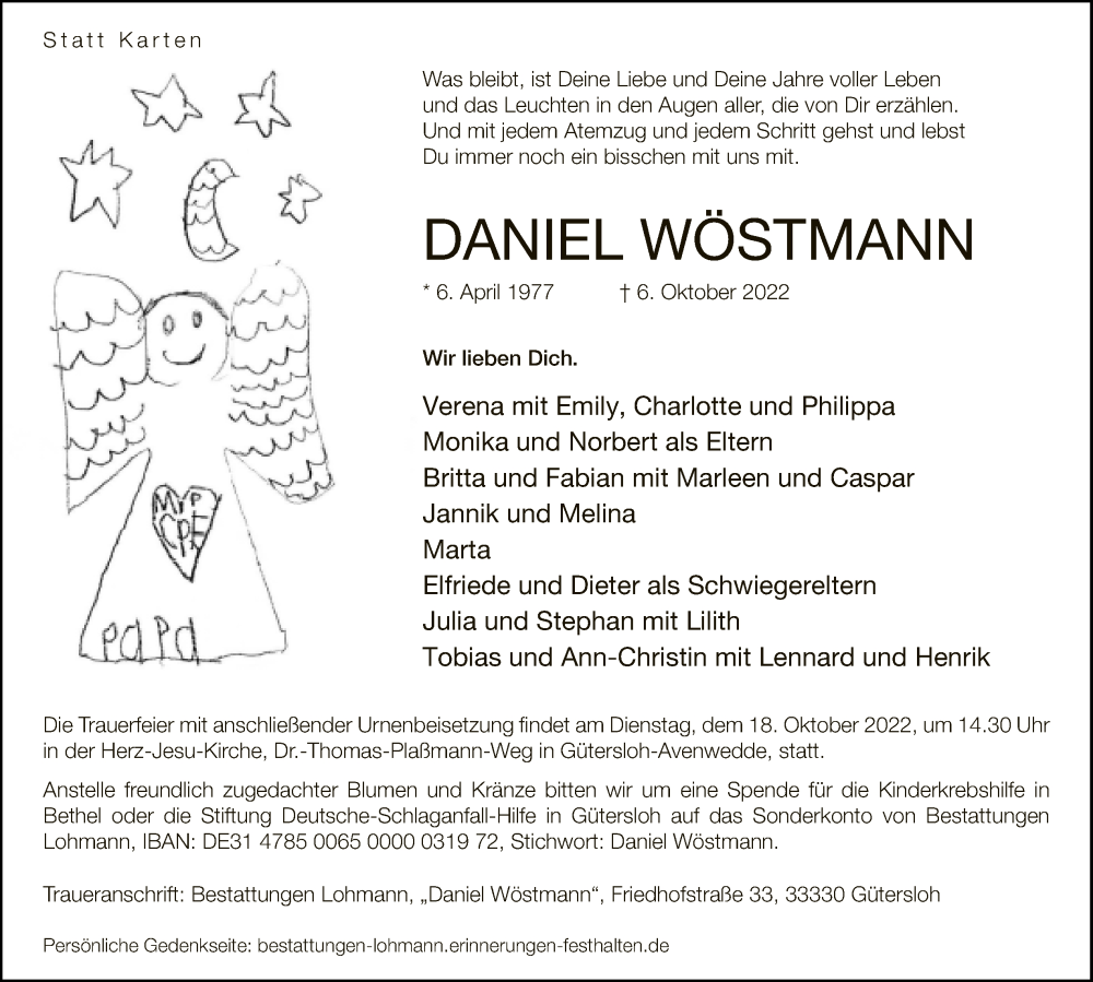  Traueranzeige für Daniel Wöstmann vom 11.10.2022 aus Neue Westfälische