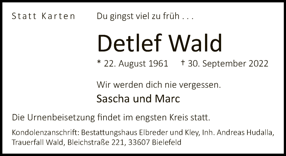  Traueranzeige für Detlef Wald vom 08.10.2022 aus Neue Westfälische