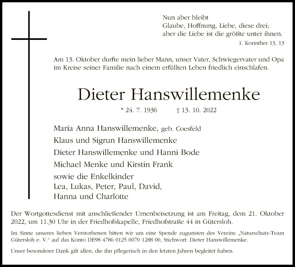  Traueranzeige für Dieter Hanswillemenke vom 18.10.2022 aus Neue Westfälische