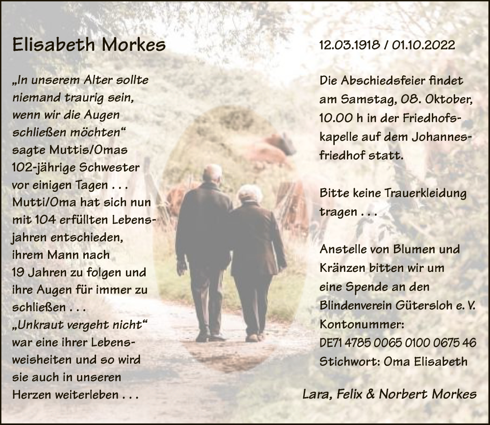  Traueranzeige für Elisabeth Morkes vom 06.10.2022 aus Neue Westfälische