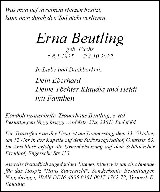 Traueranzeige von Erna Beutling von Neue Westfälische