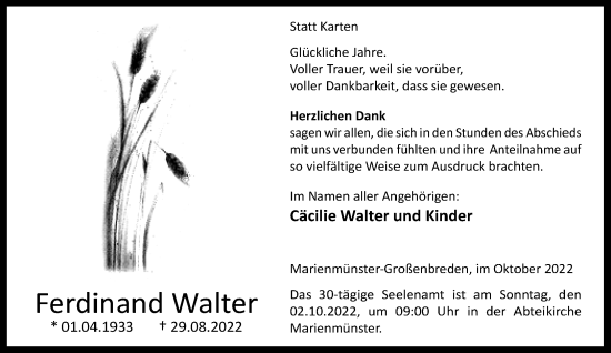 Traueranzeige von Ferdinand Walter von Neue Westfälische