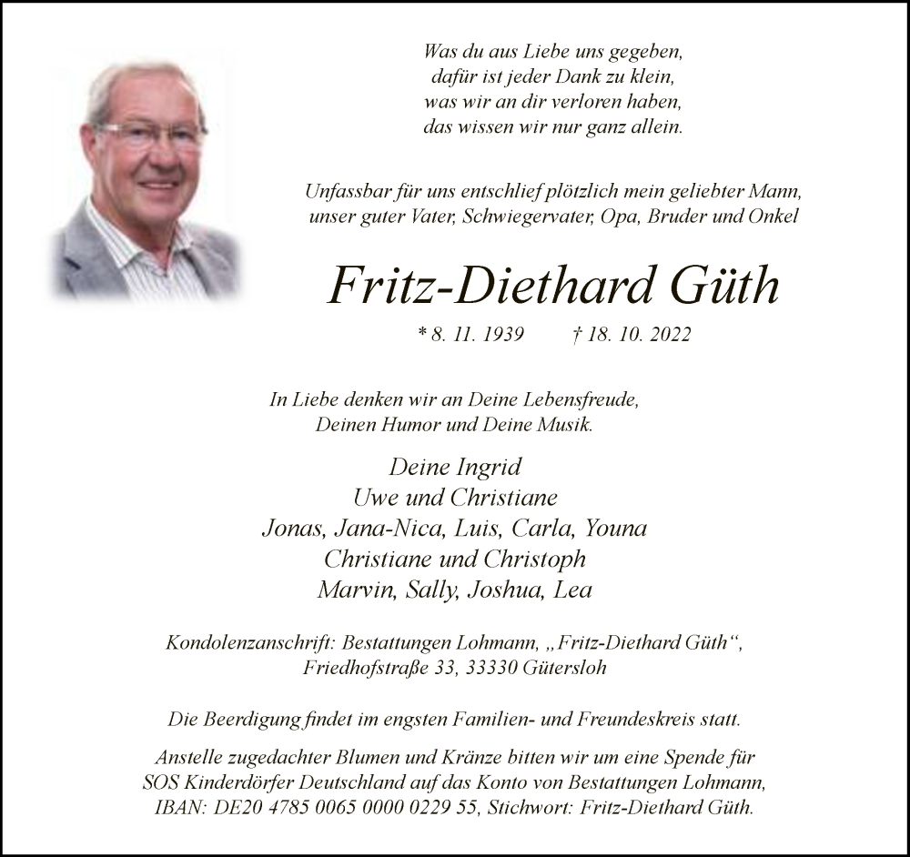  Traueranzeige für Fritz-Diethard Güth vom 22.10.2022 aus Neue Westfälische