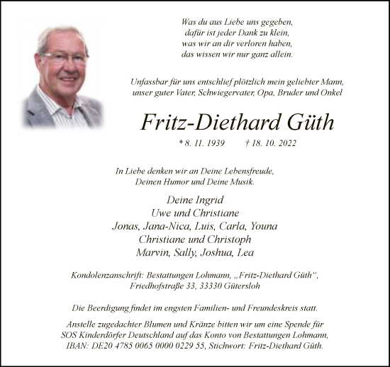 Traueranzeige von Fritz-Diethard Güth von Neue Westfälische