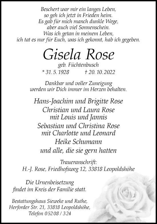 Traueranzeige von Gisela Rose von Neue Westfälische