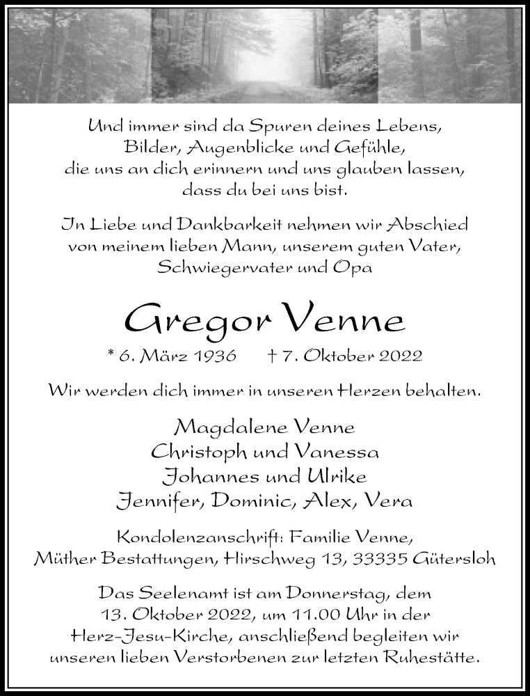  Traueranzeige für Gregor Venne vom 11.10.2022 aus Neue Westfälische