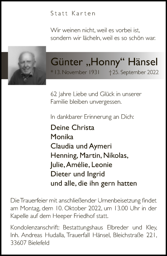 Traueranzeige von Günter Hänsel von Neue Westfälische